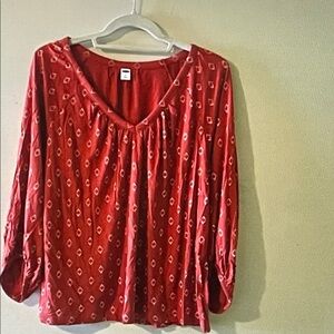 Red Printed Long-Sleeve V-Neck Blouse